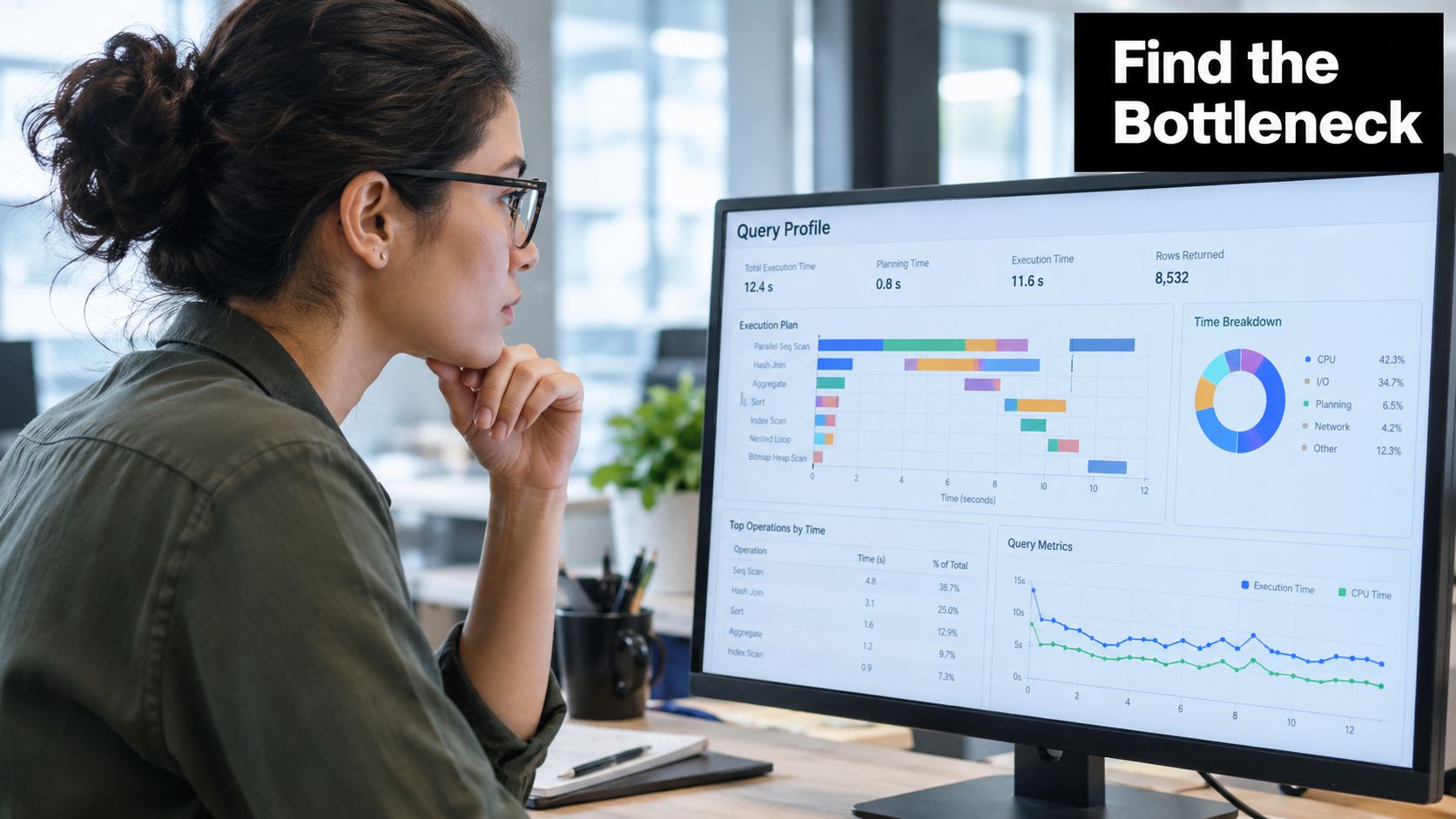 A professional analyzing a database query profile dashboard on a computer monitor to identify performance bottlenecks.