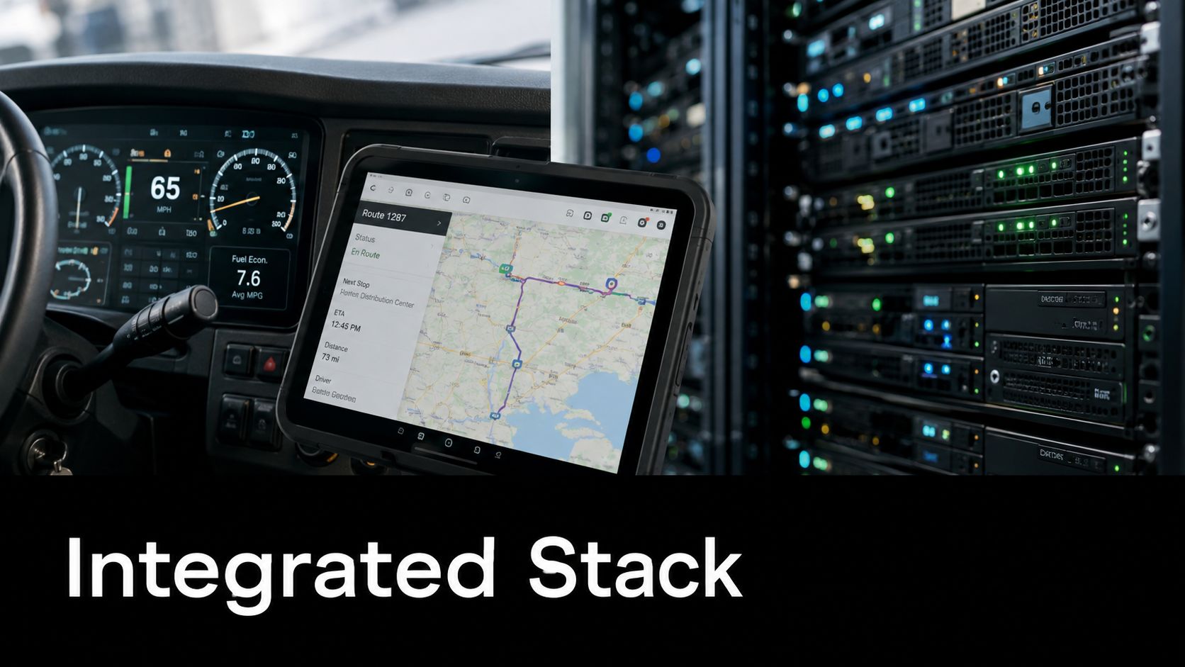 A split image showing a truck dashboard with a route navigation tablet next to server rack hardware.