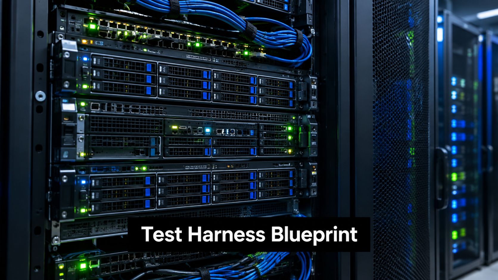 A server rack in a data center labeled with Test Harness Blueprint text in the foreground.
