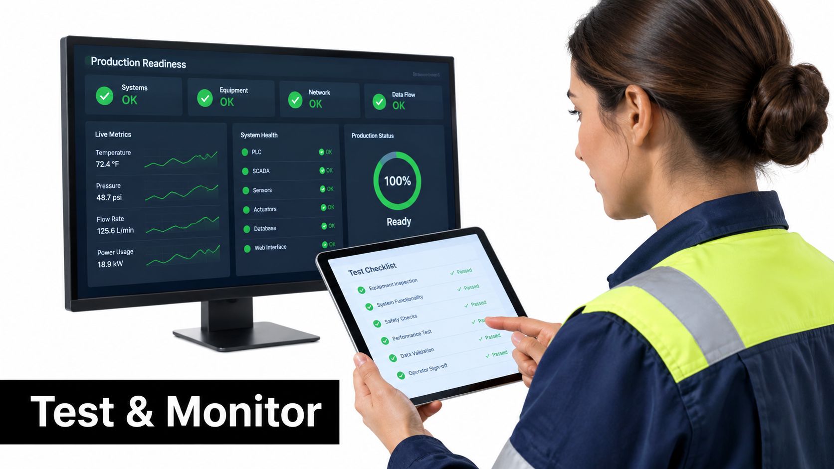 A technician checking industrial production readiness on a dashboard and a digital checklist on a tablet.