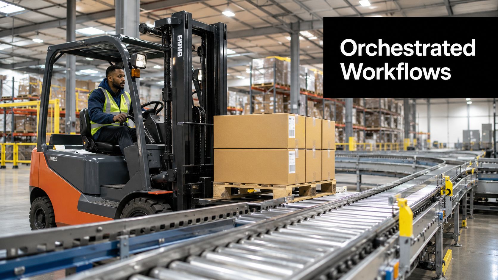 A warehouse worker driving a forklift with a pallet of cardboard boxes near a conveyor belt system.