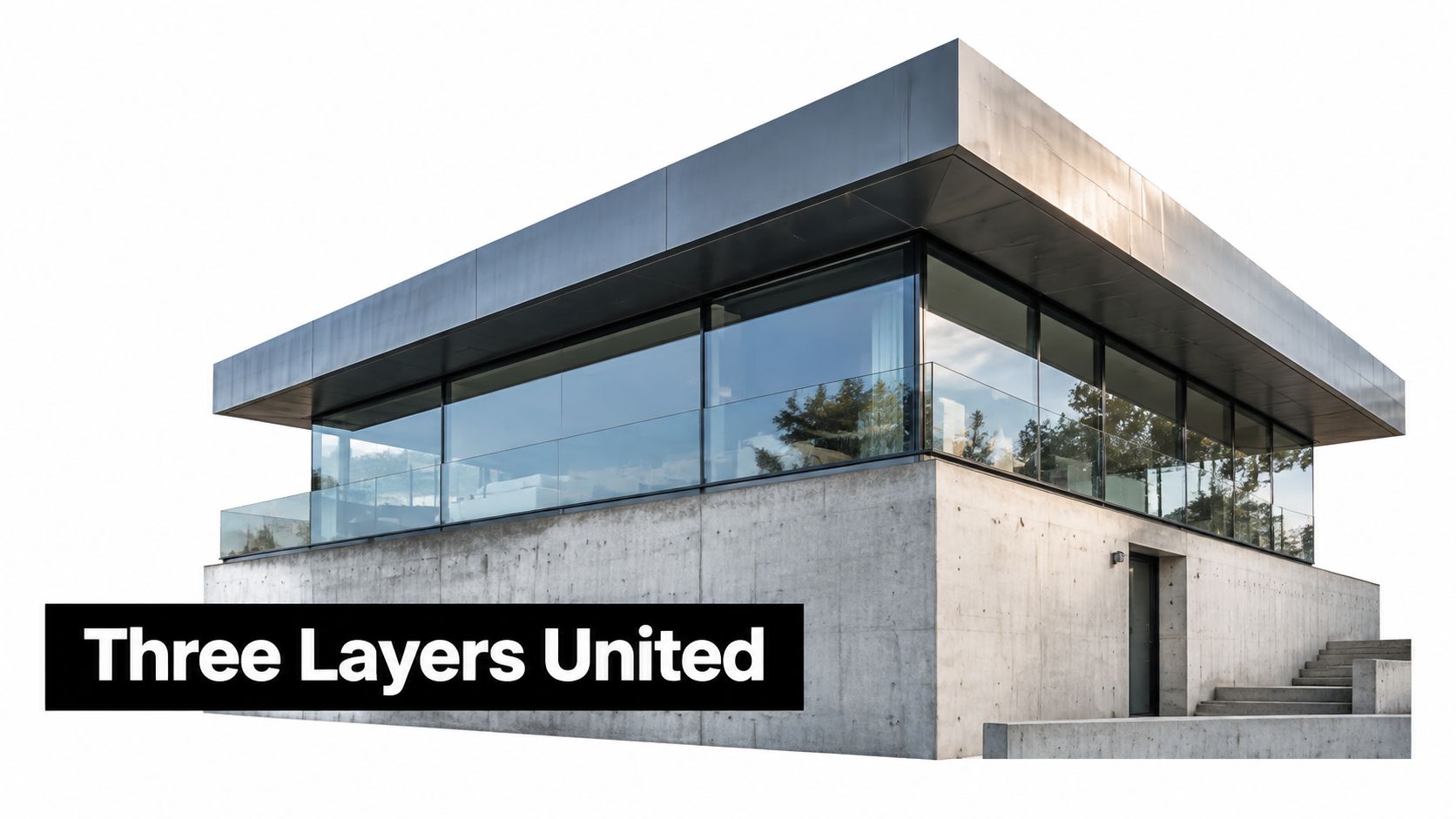 A modern two-story building featuring concrete walls, floor-to-ceiling glass windows, and a sleek metal roof overhang.