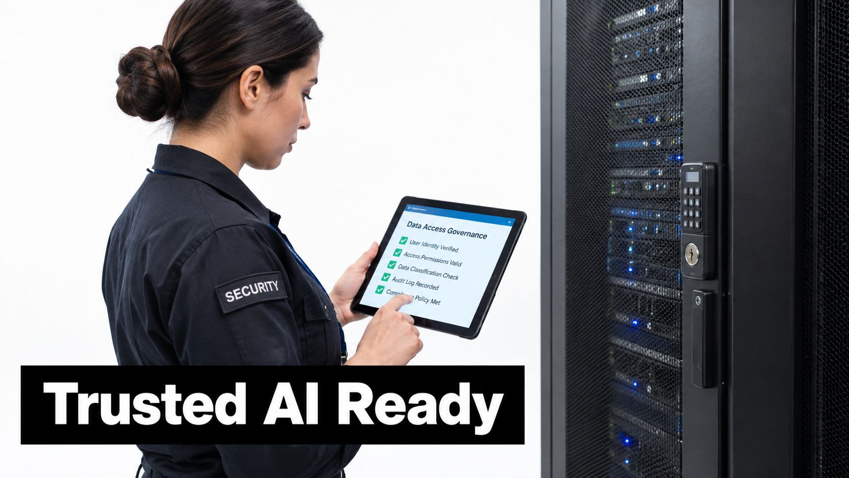 A security professional reviews data access governance on a tablet in front of a server rack.