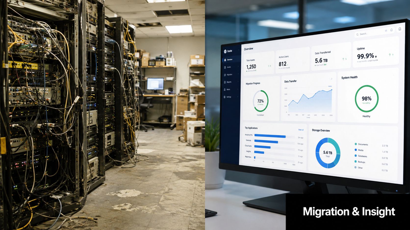 A split image showing a cluttered server room beside a modern digital dashboard monitoring system performance.