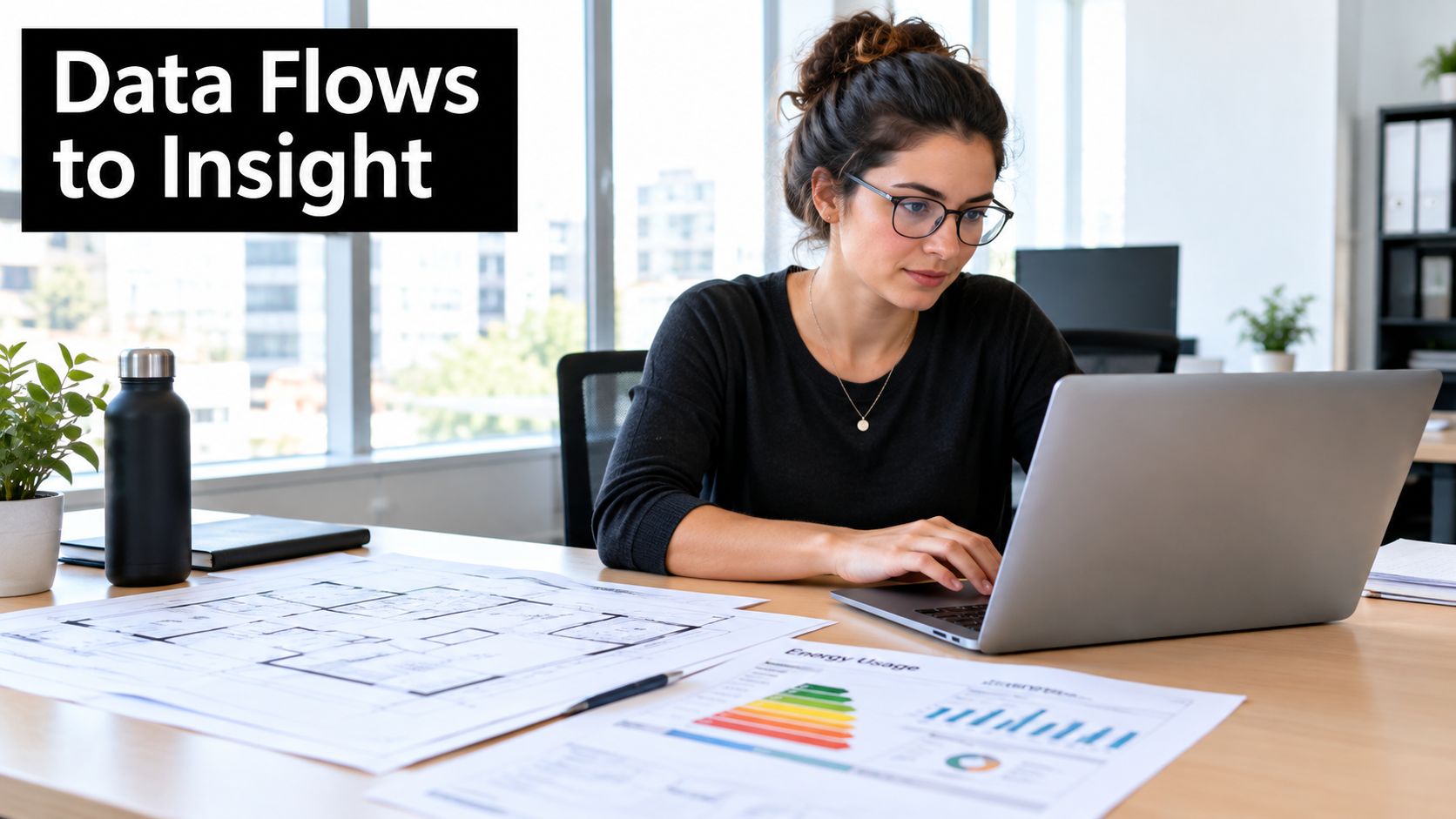 A professional woman in an office working on a laptop with building blueprints and energy charts.