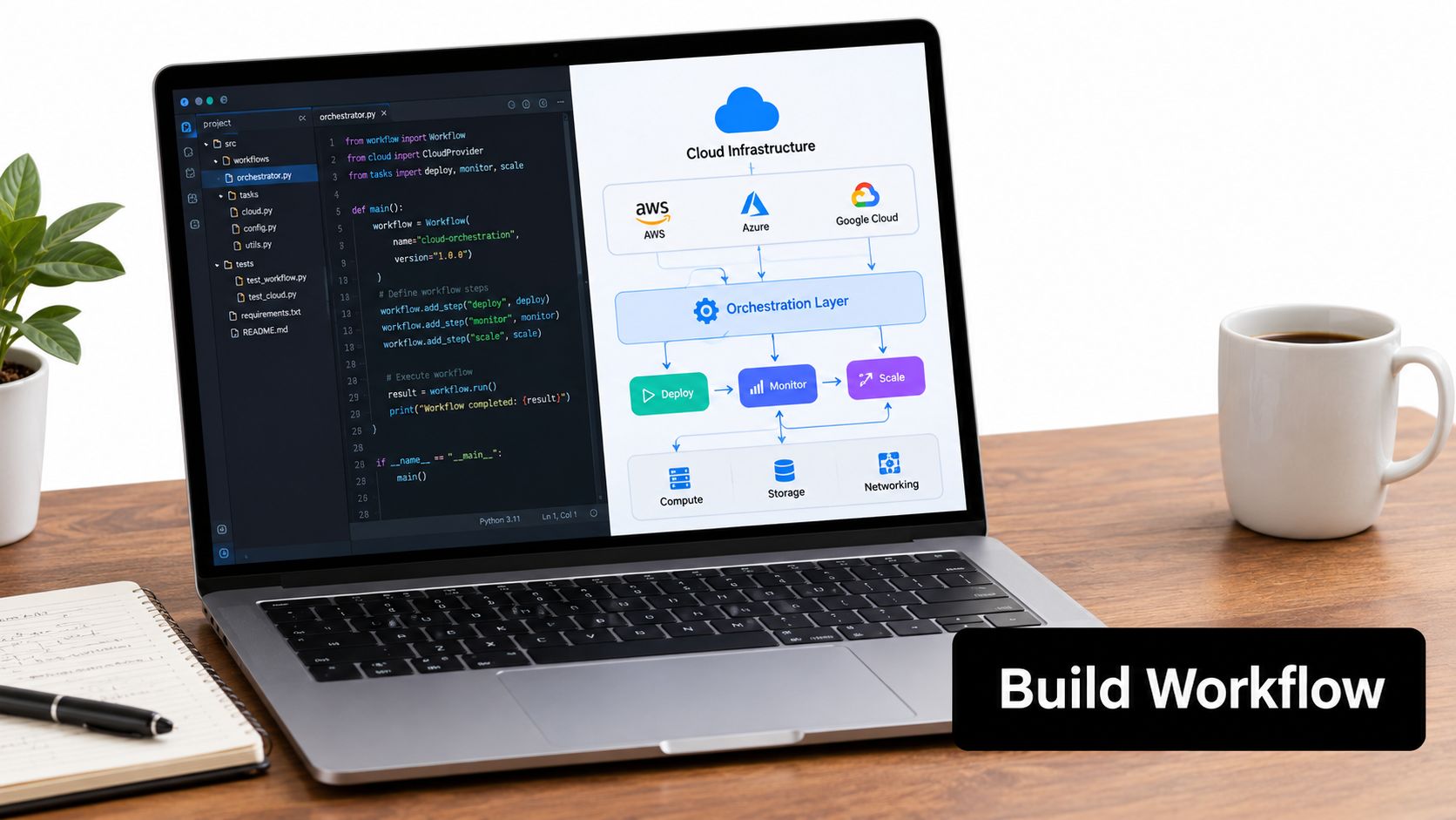 A laptop screen displaying cloud orchestration code alongside a diagram illustrating a cloud infrastructure deployment workflow.