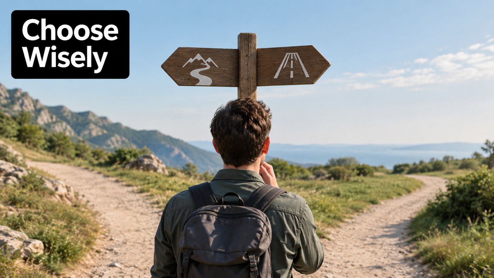 A hiker stands at a fork in the road facing a wooden signpost with path choices.