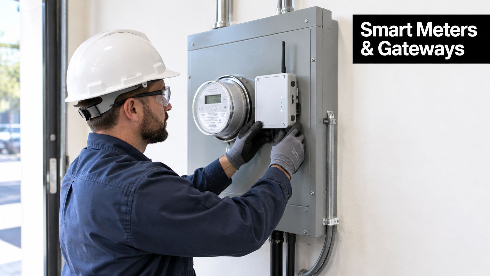 A professional technician wearing a hard hat and gloves installs a smart gateway on an electric meter.