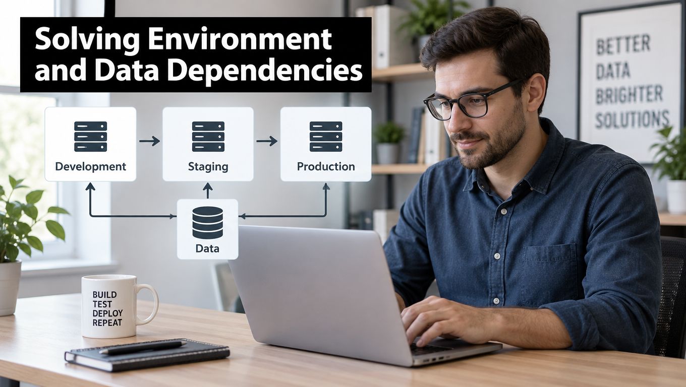 A professional developer working on a laptop with a diagram illustrating data dependencies across different environments.