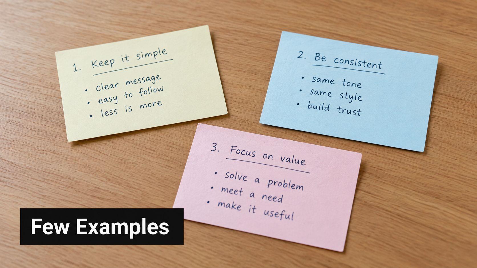 Three colorful sticky notes on a wooden table displaying prompt engineering tips: keep it simple, be consistent, and focus on value.