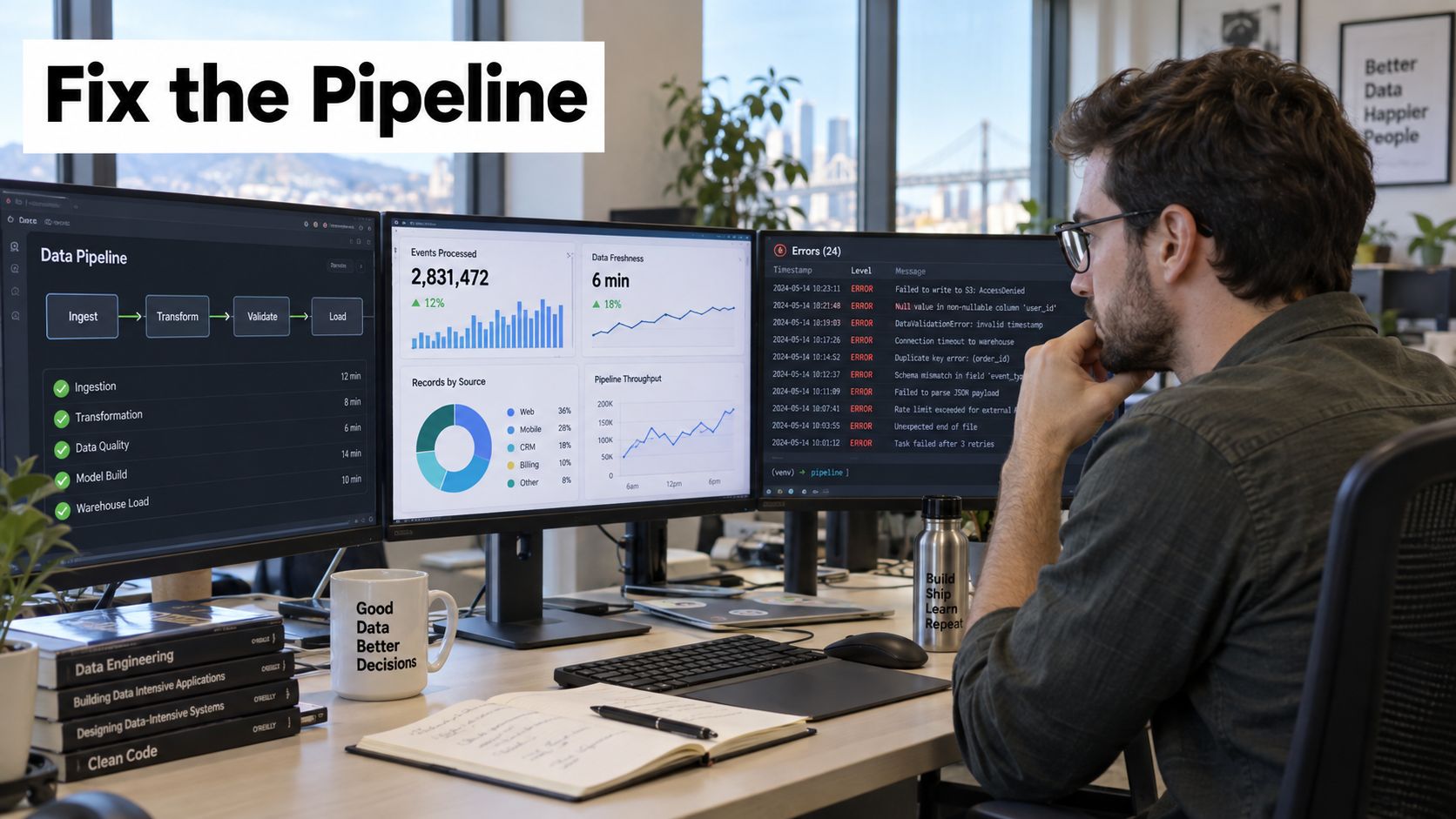 A software engineer monitors data pipeline performance metrics and error logs on three large office computer monitors.