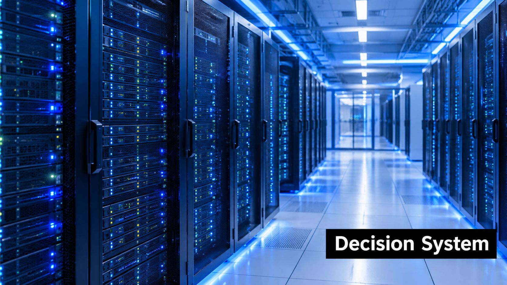 A modern data center aisle with rows of illuminated server racks and professional networking equipment.