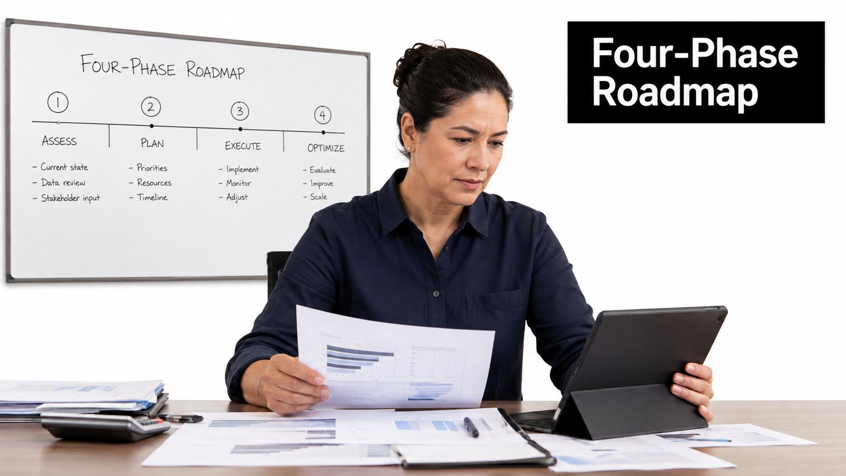 A professional woman in a dark shirt analyzing logistics data on documents and a tablet computer.
