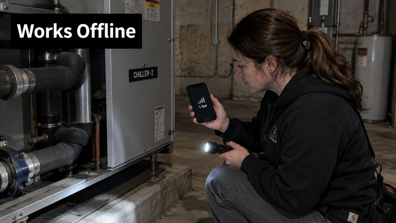 A technician inspecting a chiller unit in a basement while using a mobile application offline.