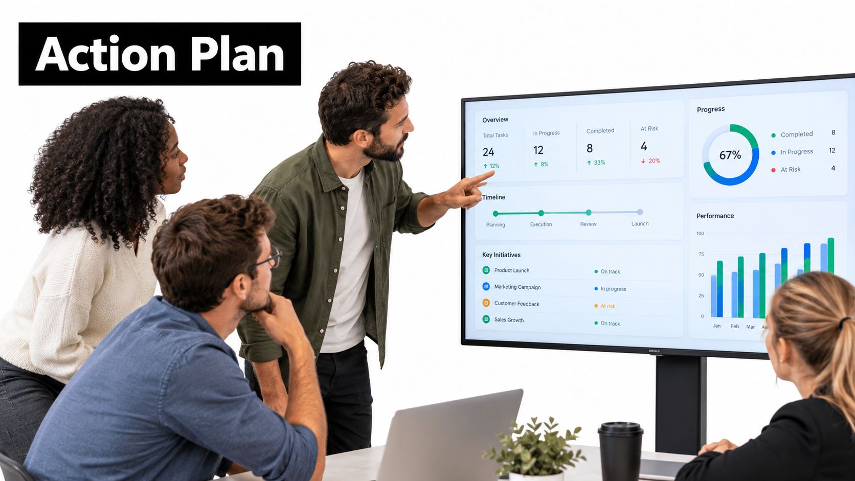 A professional team discussing project progress data on a large digital screen during a business meeting.