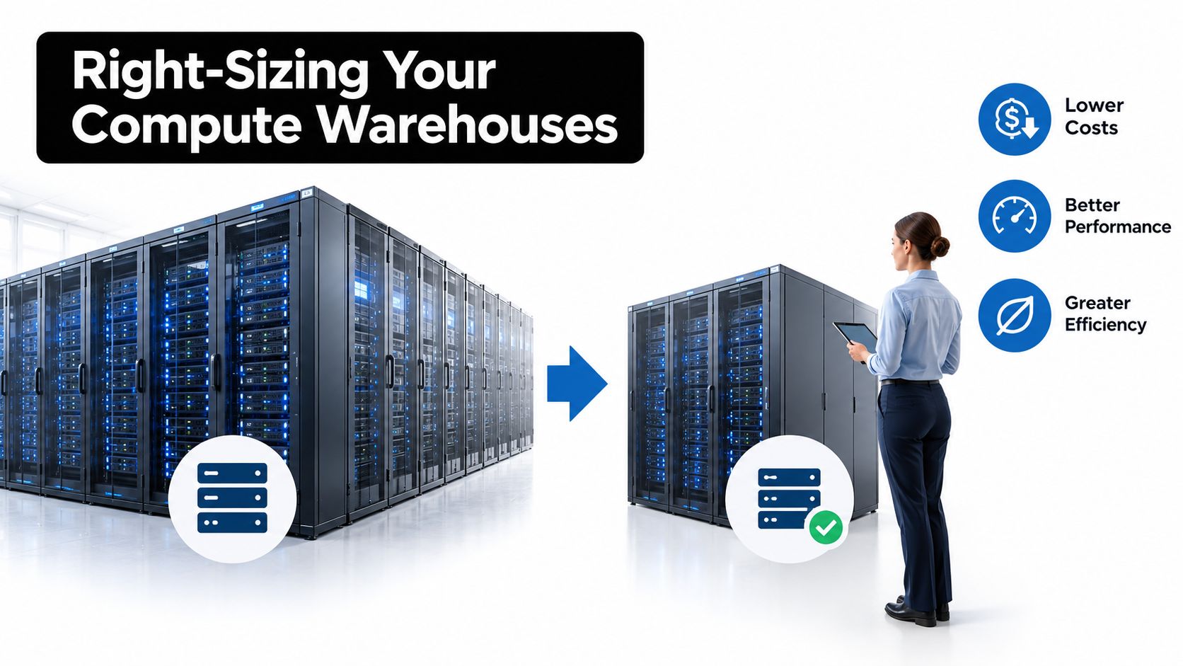 An IT professional observing a server rack being optimized for better performance, lower costs, and greater efficiency.