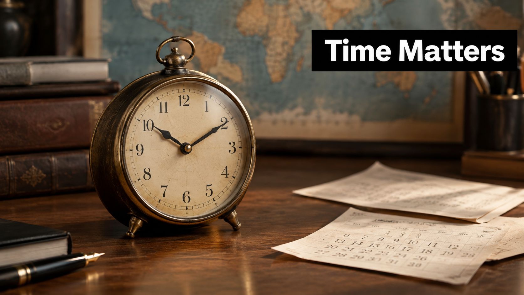 A vintage clock sits on a desk alongside old books, a world map, and a monthly calendar.