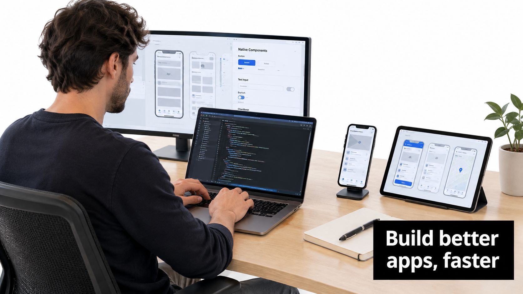 A developer working on mobile app code with multiple screens showing design and application interface layouts.