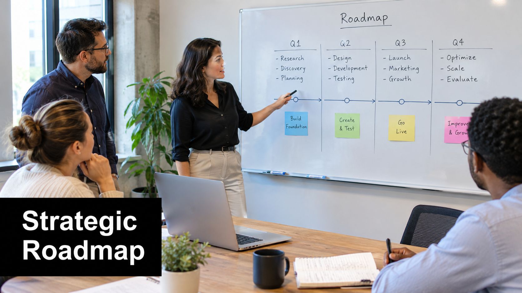 A professional team collaborating on a strategic business roadmap during a meeting in a bright office.