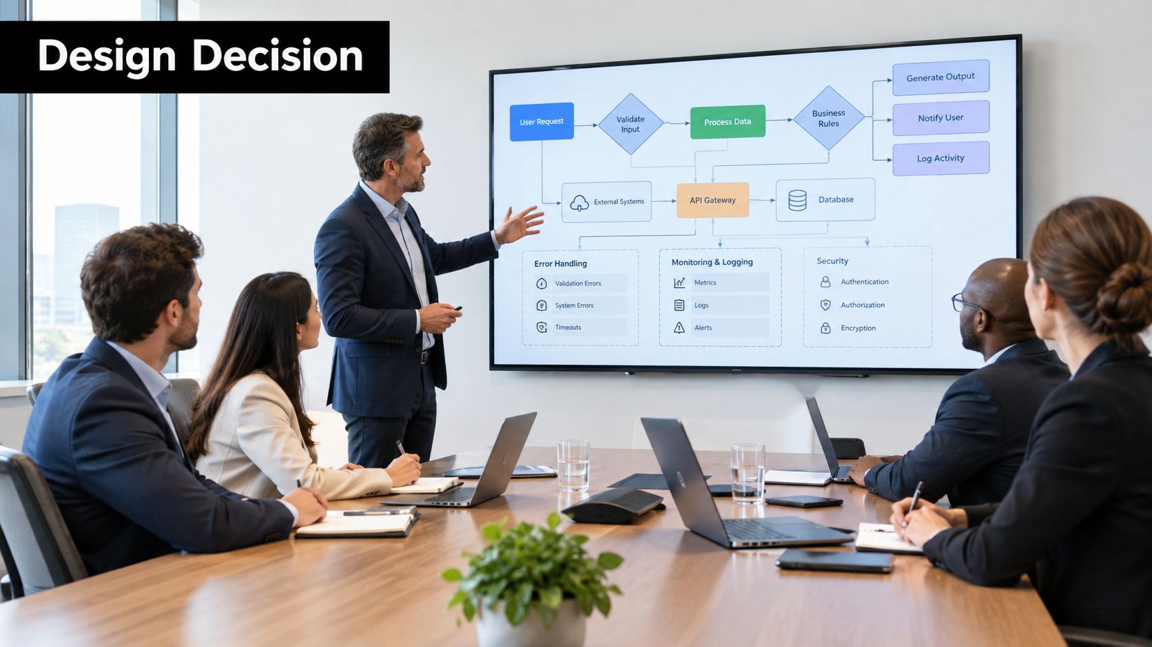 A professional business meeting where a man presents a software architecture diagram on a large screen.