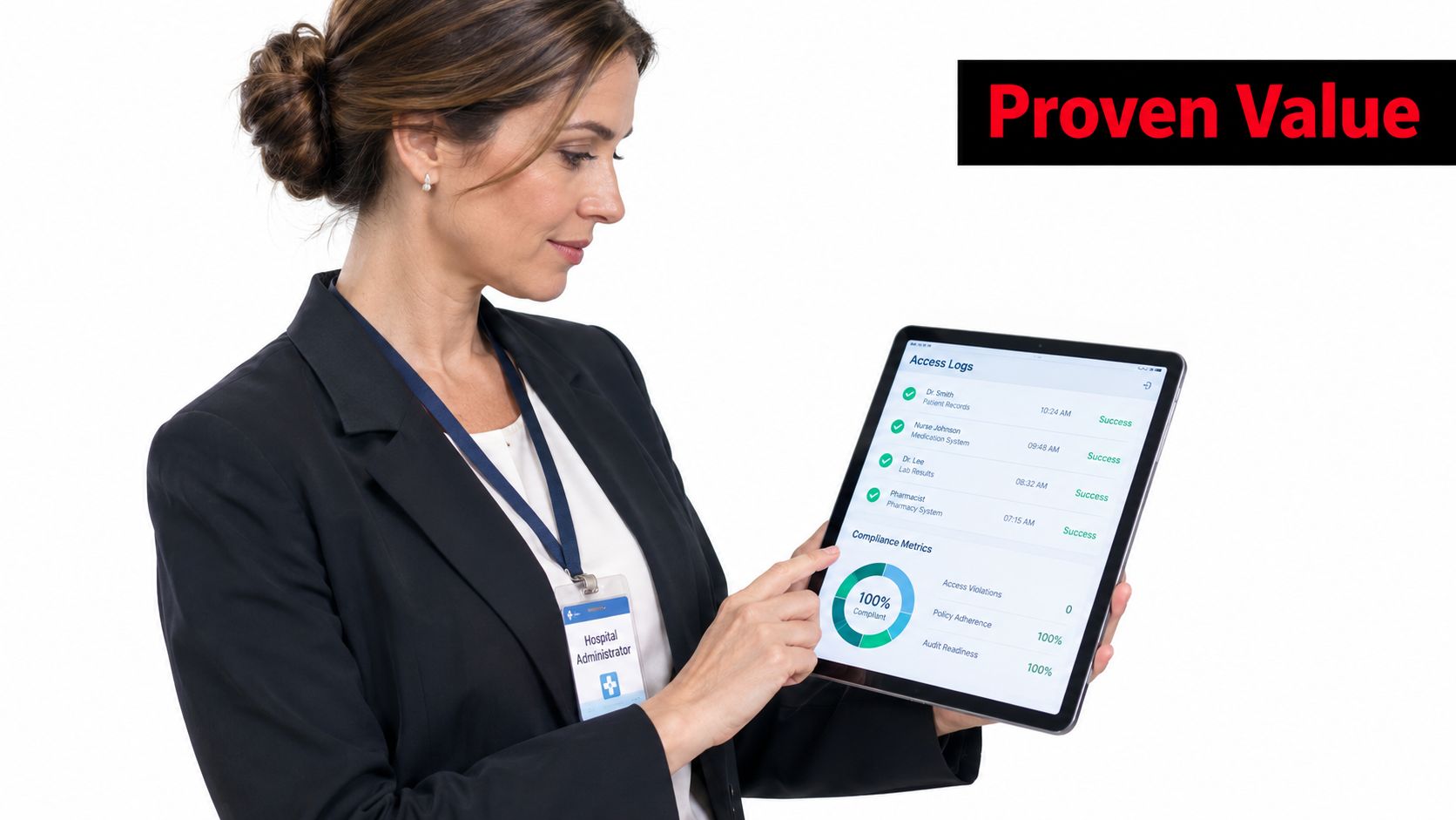 A professional hospital administrator reviewing digital access logs and compliance metrics on a modern tablet device.