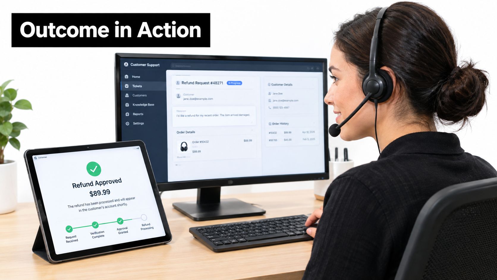 A customer support representative using agentic AI tools to process a refund request on her computer screen.