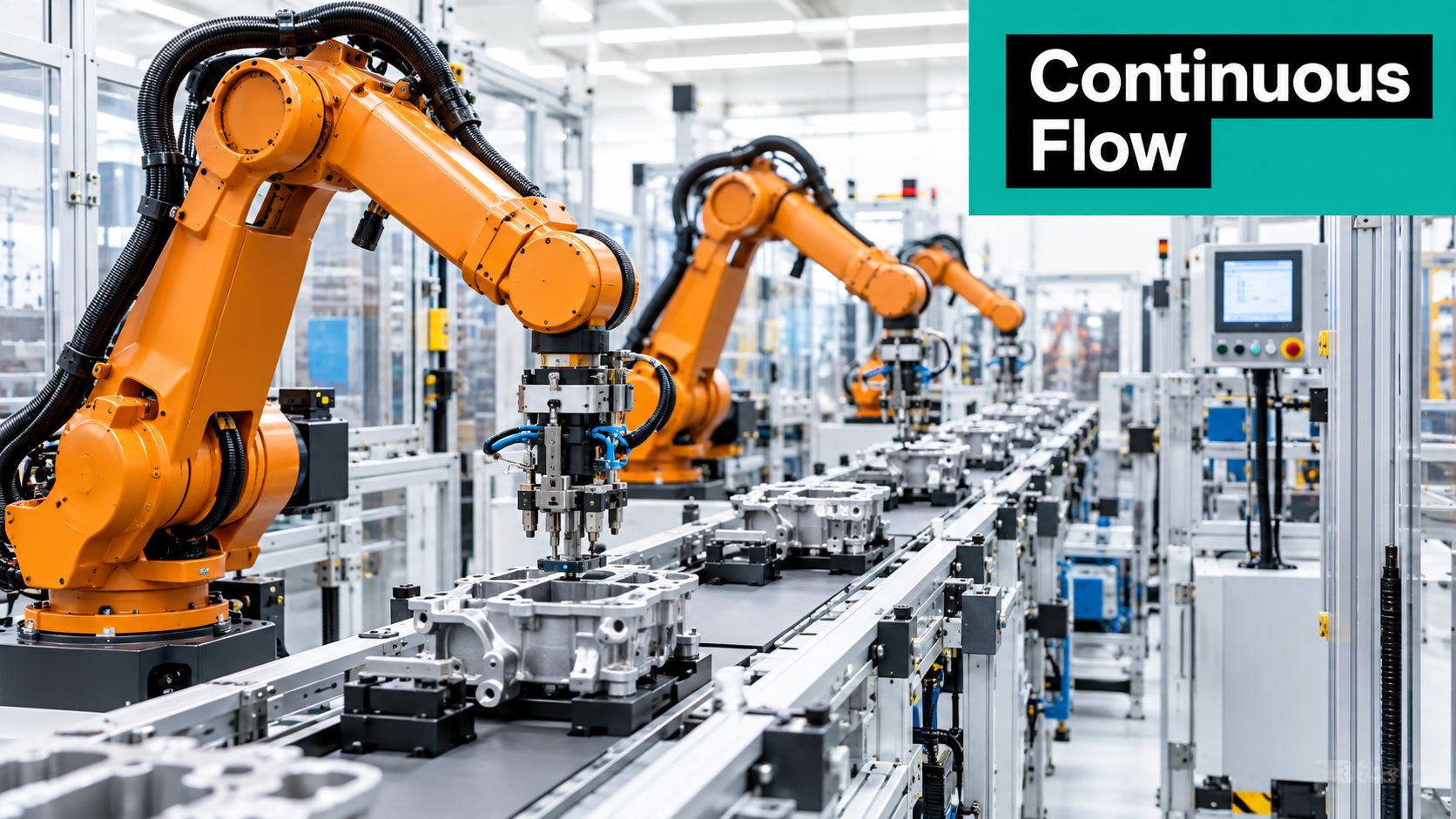 A row of industrial robotic arms working on an automated manufacturing conveyor belt in a factory
