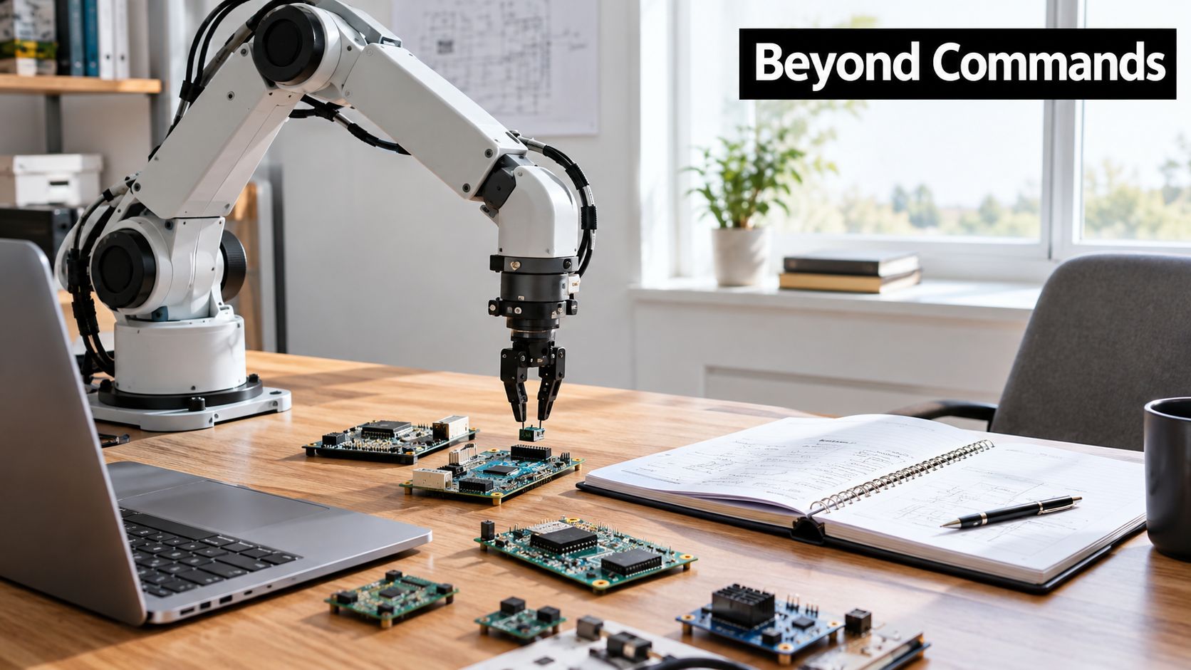 A robotic arm works on electronic circuit boards on an office desk next to a laptop.
