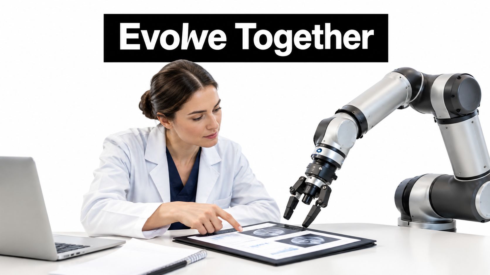 A professional doctor points at medical scans on a tablet while working alongside an industrial robotic arm.