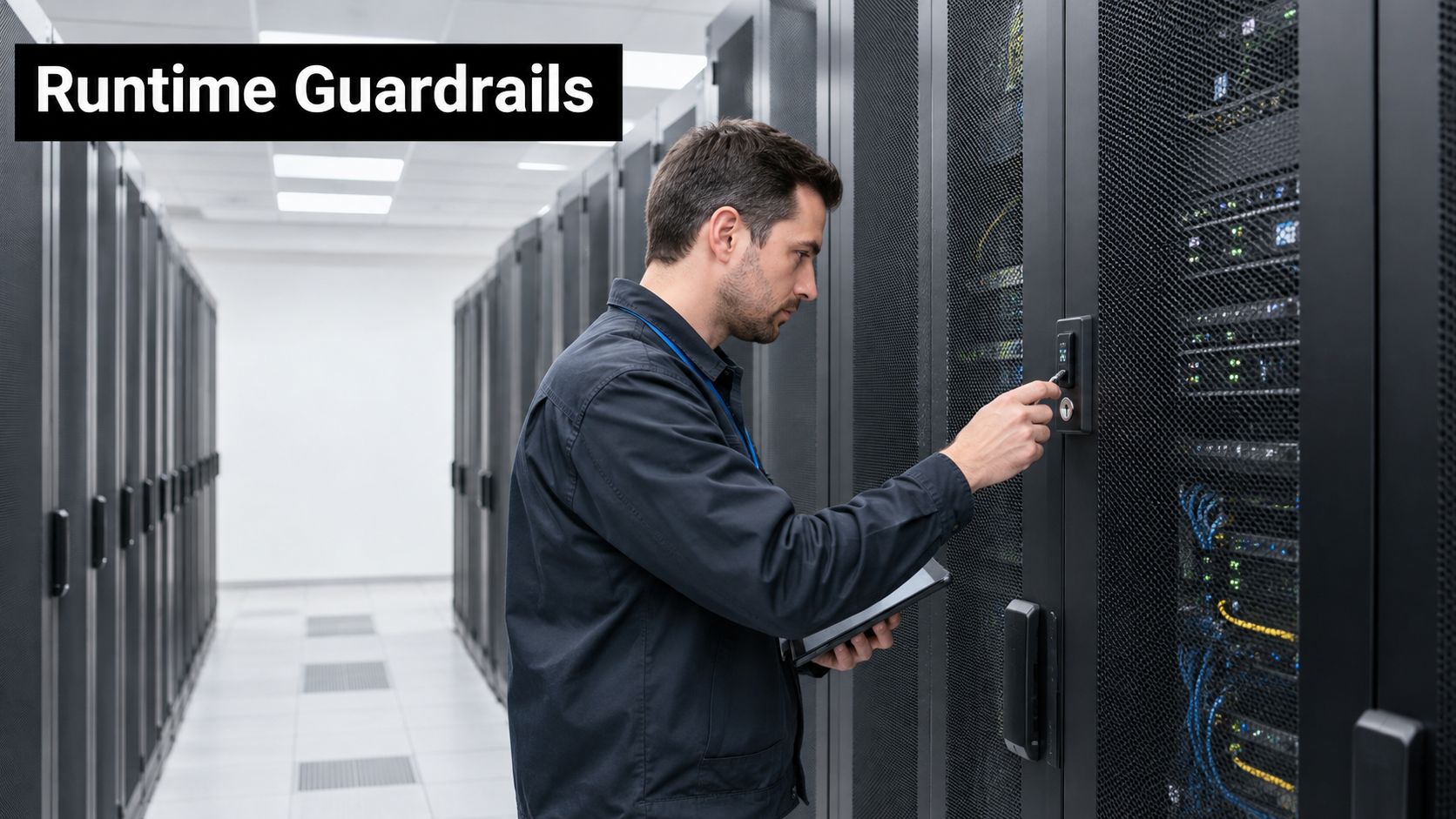 A technician interacting with a secure server rack door in a data center for AI infrastructure management.