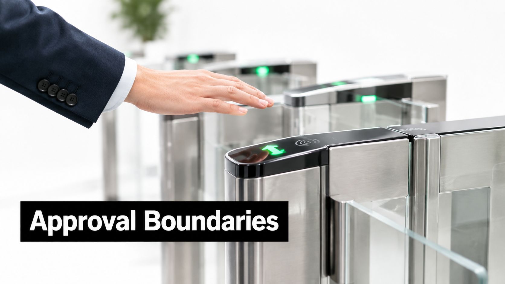 A person in a business suit holding their hand over an automated glass security gate for access.