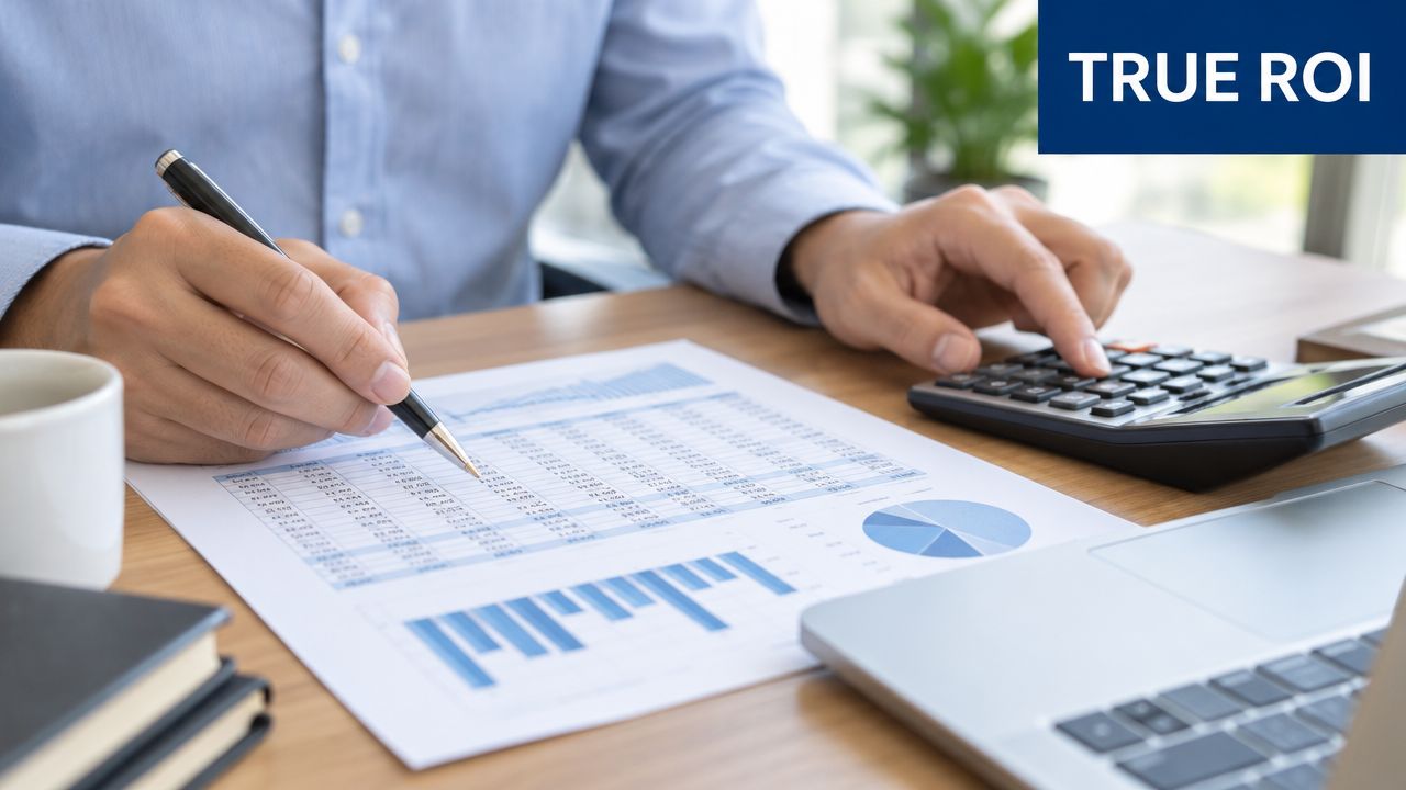 A professional analyzing financial data with a calculator and report at a desk with a laptop.