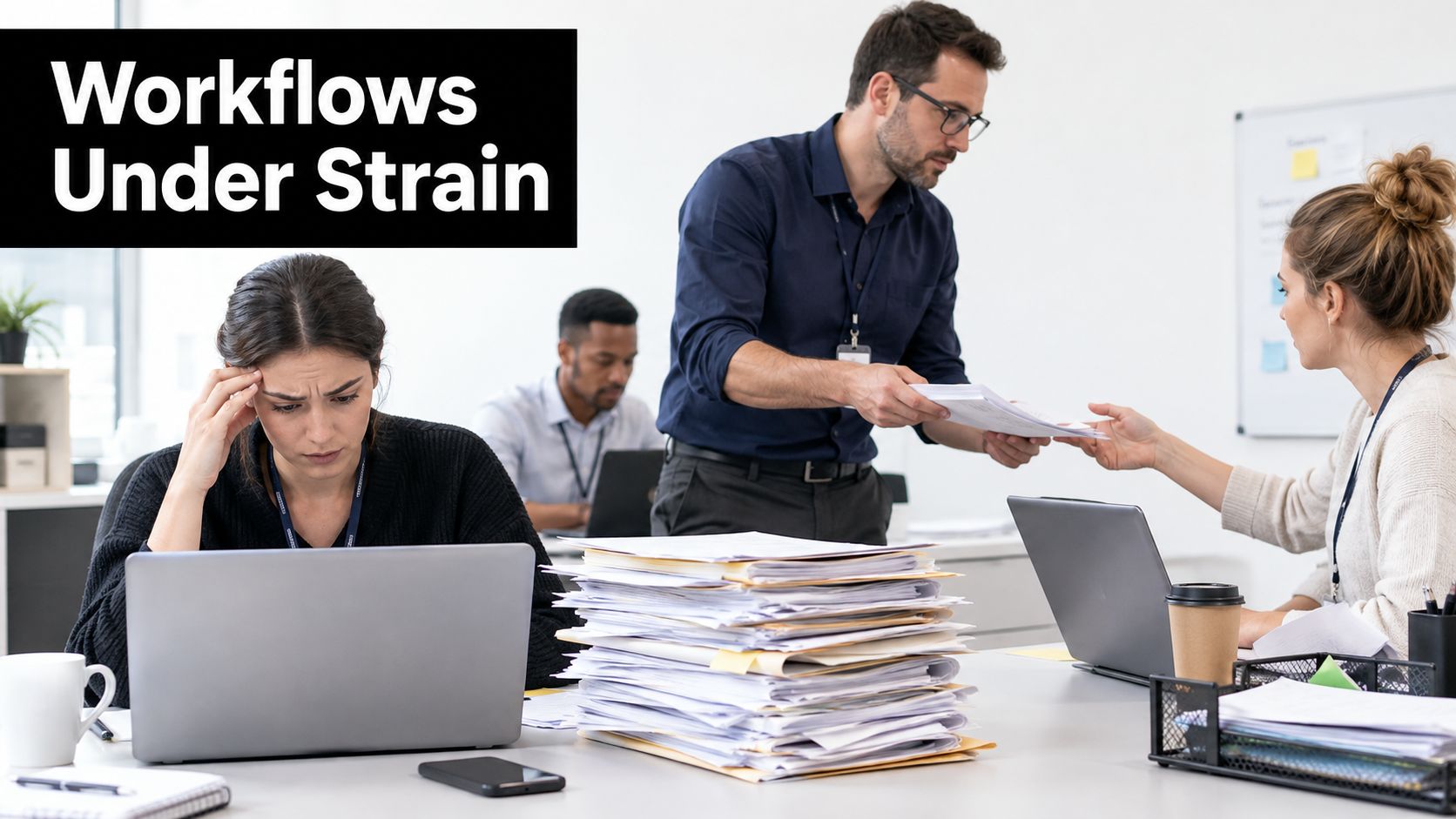 A stressed office worker sitting at a desk overflowing with paperwork while colleagues collaborate in the background.