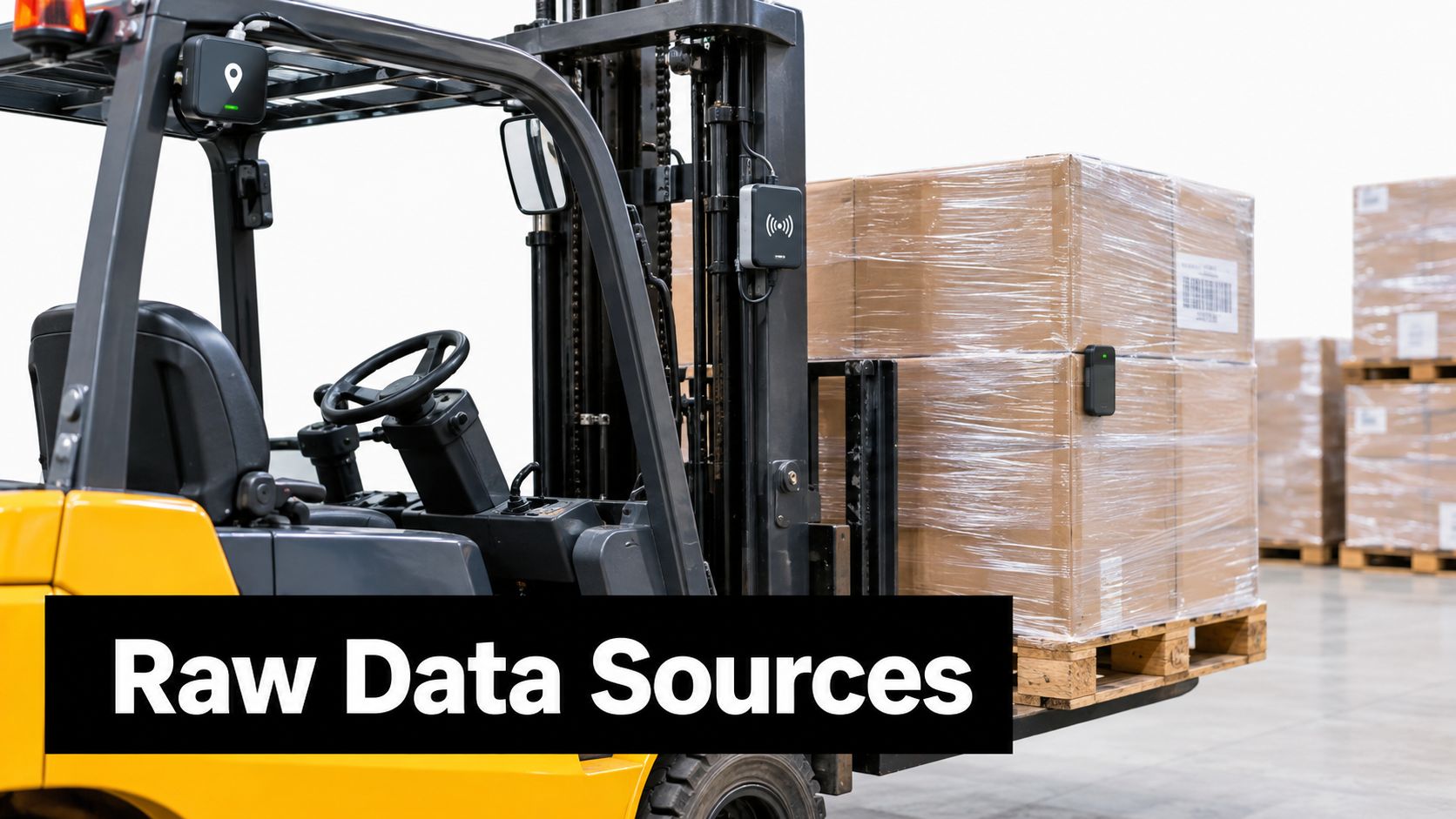 A forklift carrying a pallet of boxes equipped with tracking sensors in a warehouse setting.