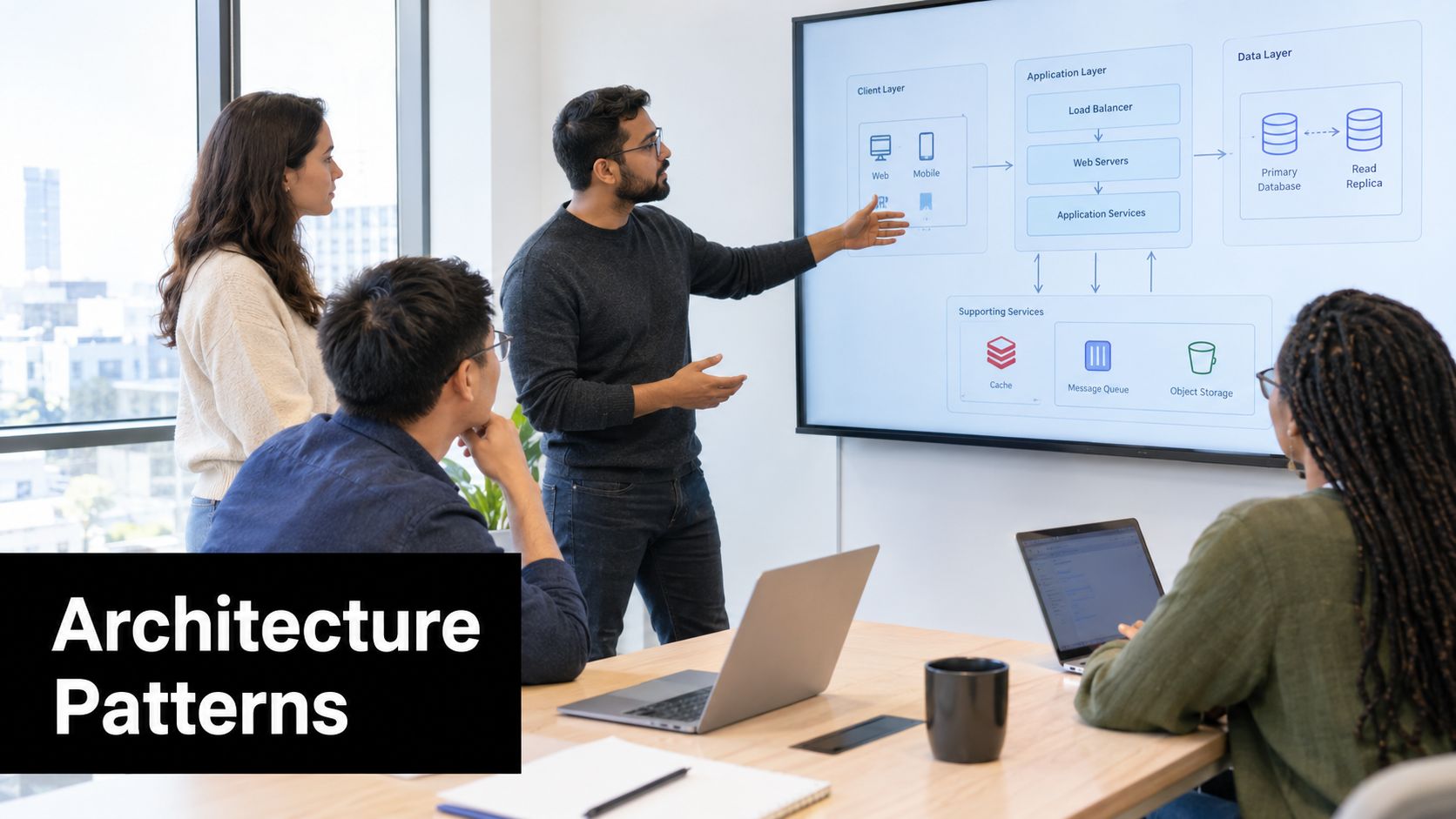 A professional team collaborating on a software architecture diagram displayed on a large screen in a meeting room.