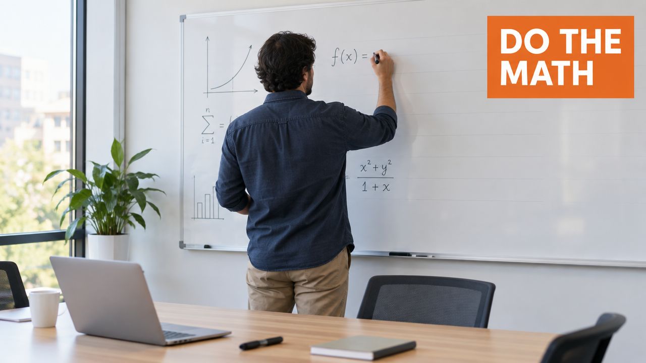 A man in a blue shirt standing at a whiteboard writing mathematical equations in an office setting.