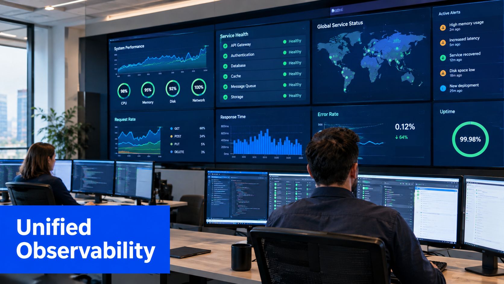 A professional IT team monitors a large digital wall dashboard displaying real-time system performance and server metrics.
