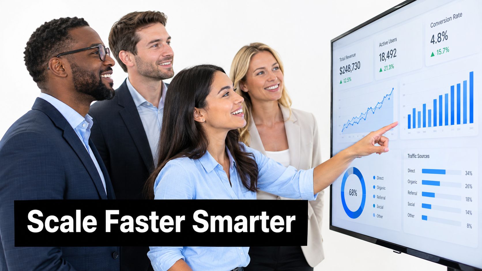 A professional team discussing business analytics performance on a large digital screen in a bright office.