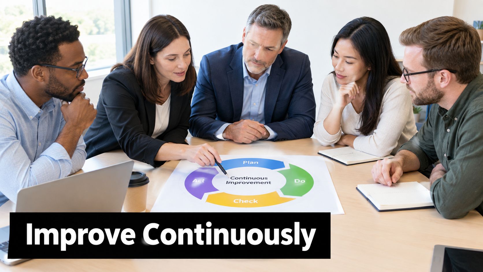 A professional business team collaborating around a table while analyzing a continuous improvement cycle diagram.
