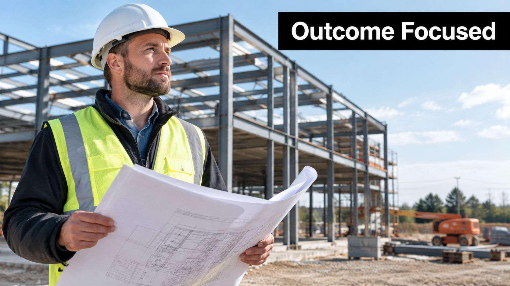 A construction manager wearing a hard hat and high-visibility vest stands in front of a building frame.