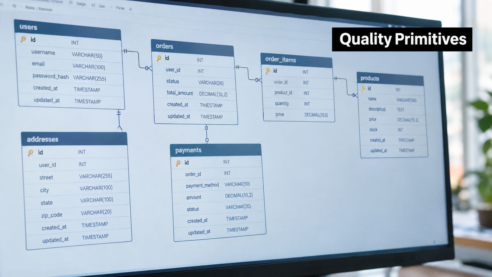 A computer screen displaying a complex database schema diagram illustrating table relationships for an e-commerce platform.