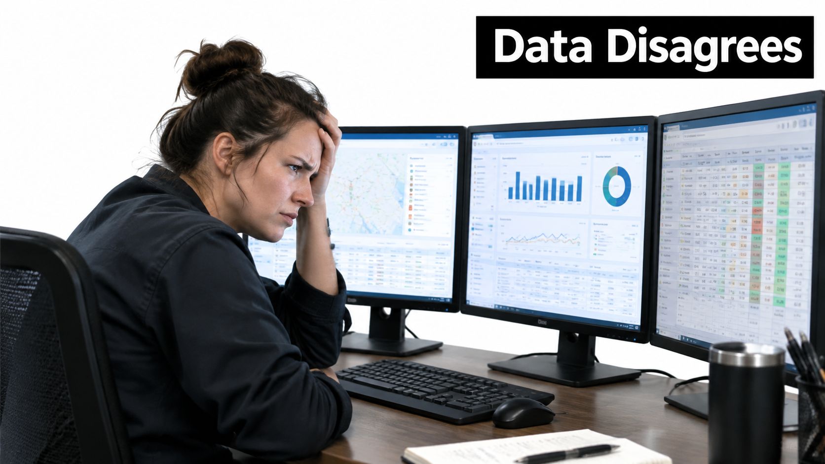A frustrated woman working at a desk with three monitors displaying complex data analytics and charts.