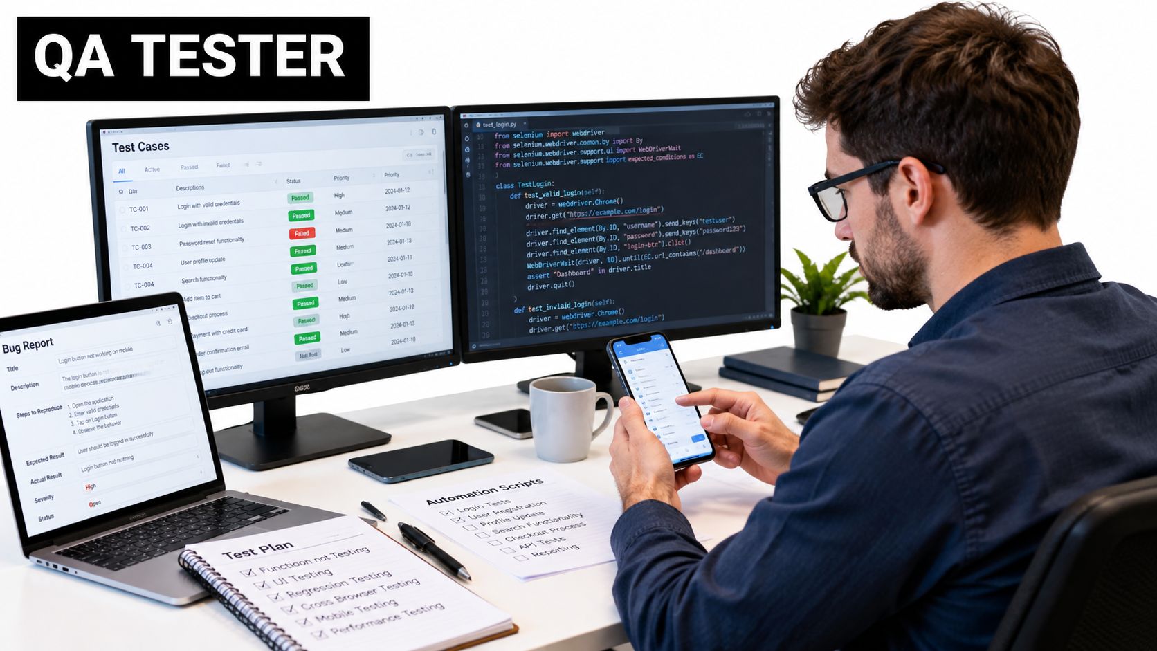 A professional QA tester working on mobile app development, using computers and mobile devices to run test scripts.