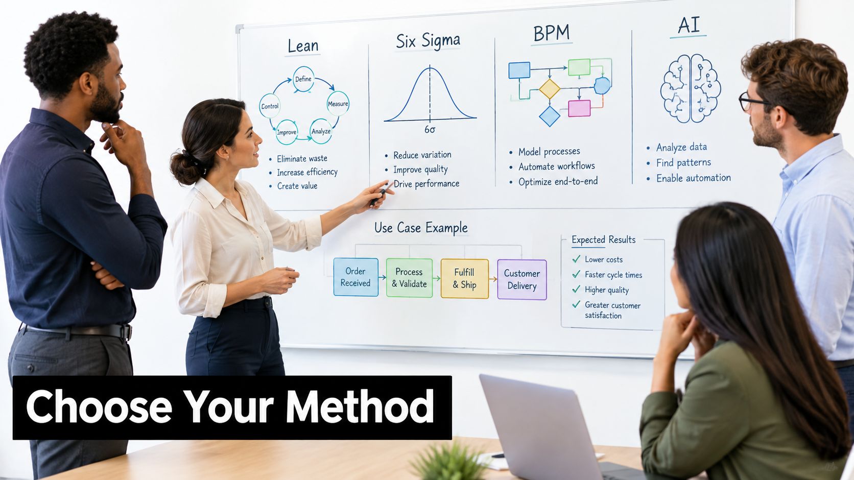 A professional team collaborating on business process optimization strategies using a whiteboard with Lean, Six Sigma, BPM, and AI.