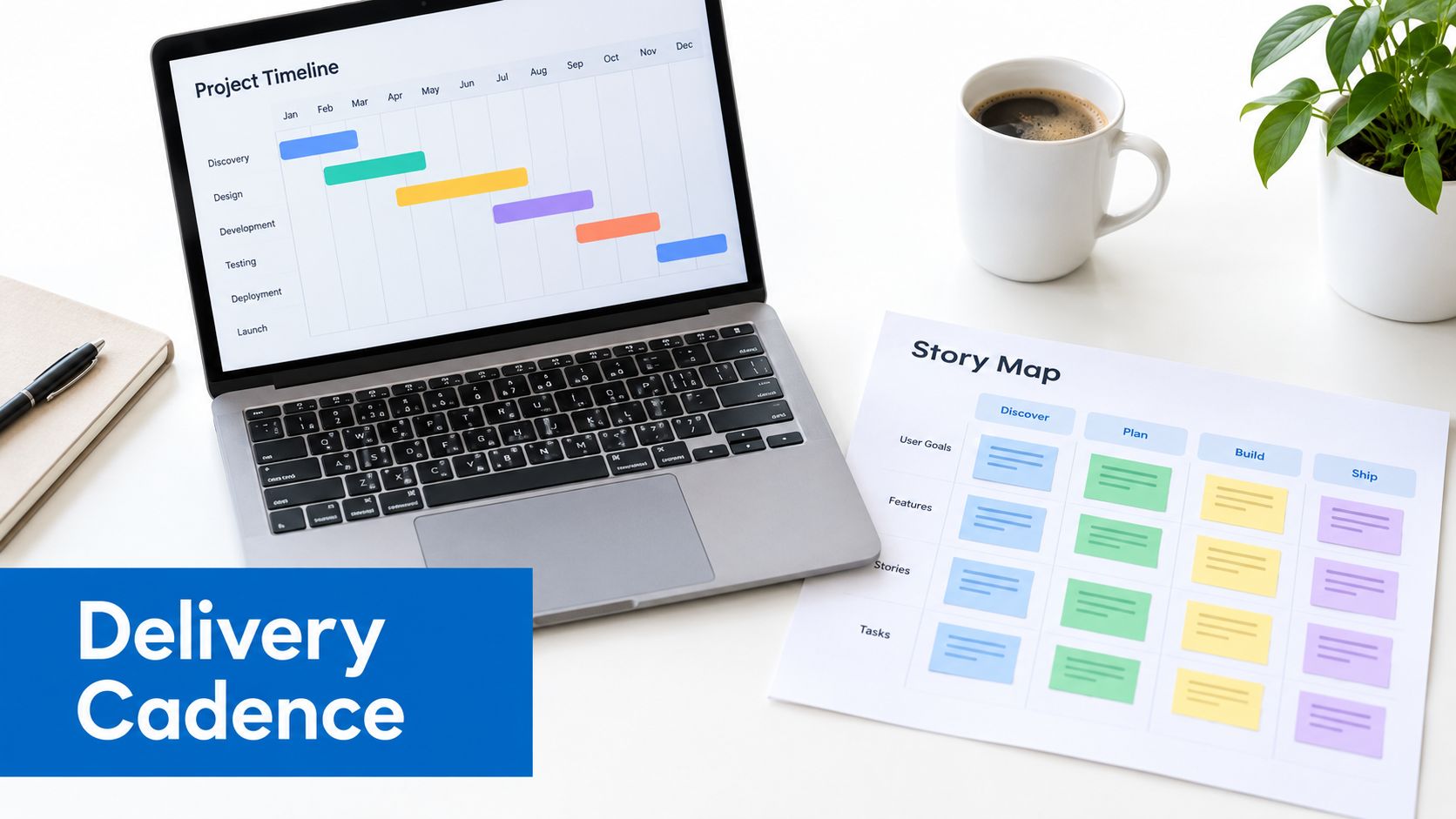 A professional workspace featuring a laptop with project timeline, a story map document, and a coffee cup.