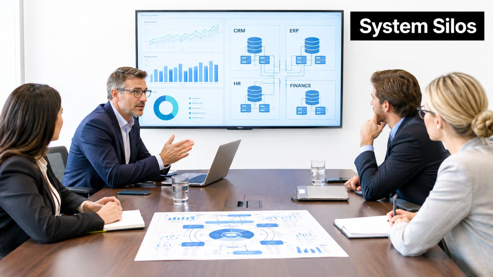 A professional business team having a strategy meeting in a modern office with data visualization screens.