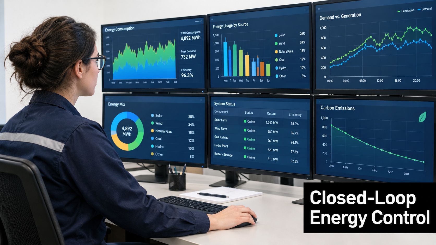 A professional engineer monitoring complex energy management system data on multiple computer screens in a modern office.
