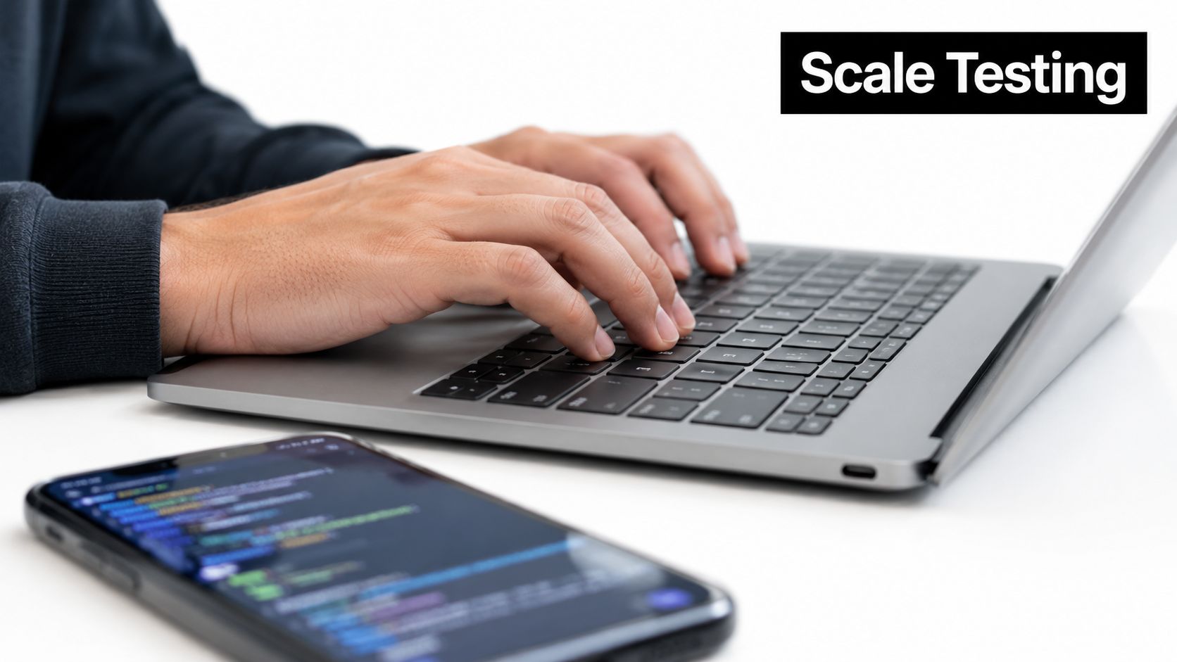 A close-up view of hands typing on a laptop keyboard with a smartphone displaying code nearby.