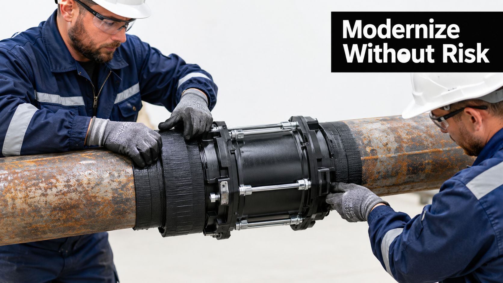 Two construction workers in safety gear installing a black pipe connector onto a large metal pipe.