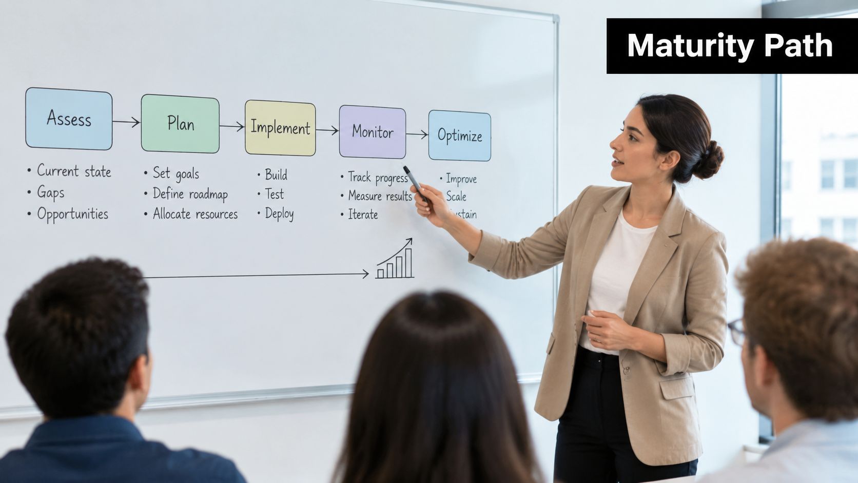 A businesswoman presents a maturity path flowchart on a whiteboard to her colleagues in an office meeting.